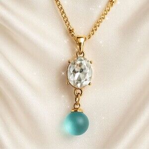 Gold Crystal Drop Pendant Necklace w/ Frosted Blue Bead – Elegant Women Jewelry